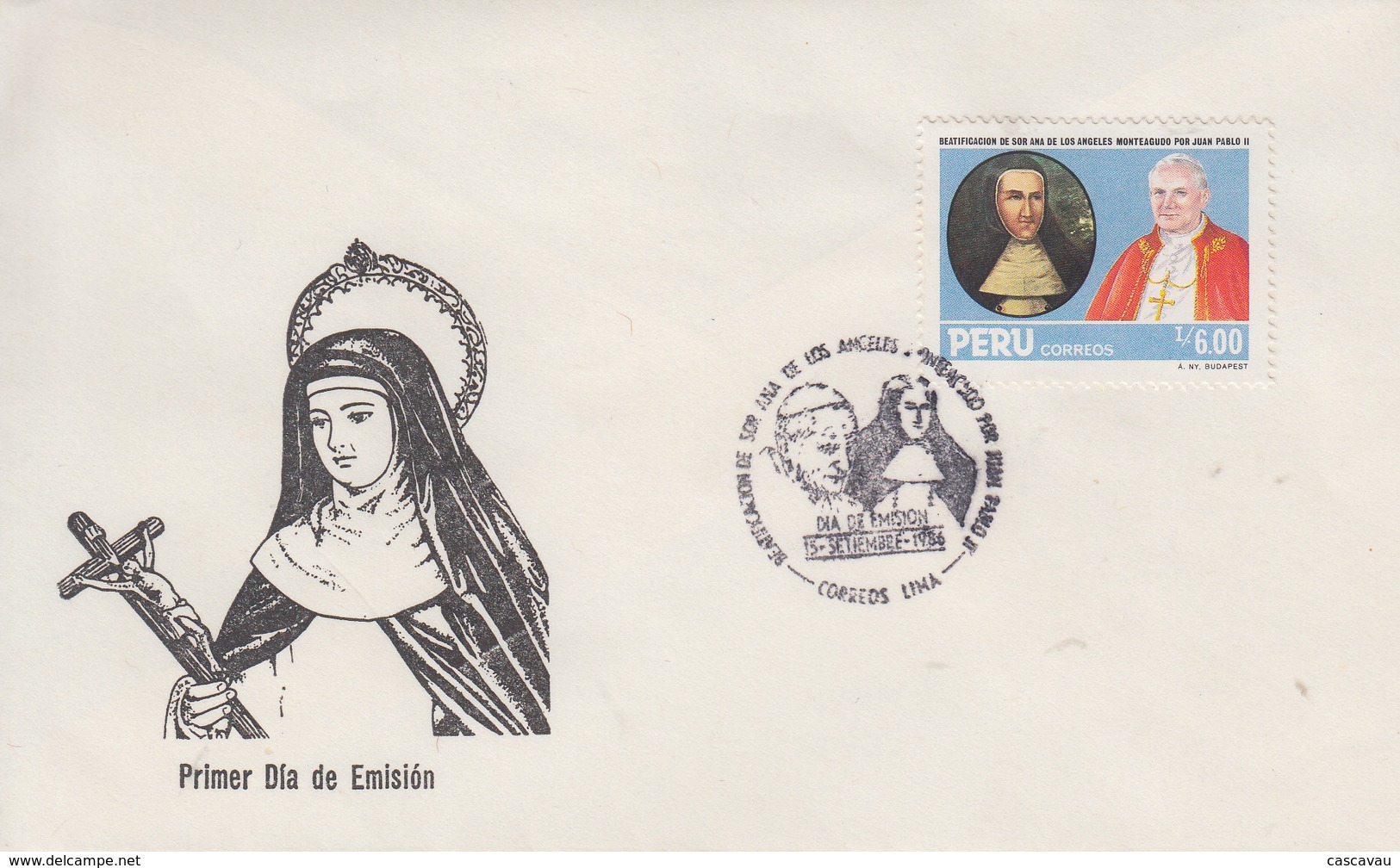 Enveloppe  FDC  1er  Jour   PEROU    Béatification  De   Soeur  Ana  De  LOS  ANGELES  MONTEAGUDO   1986 - Cristianismo