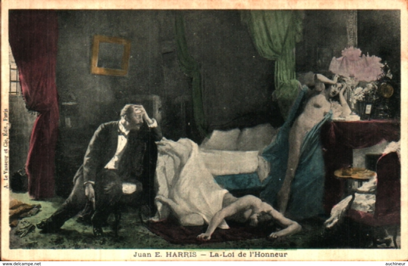 Tableau Peintre H - Juan E Harris, La Loi De L'honneur, Cocu Vengé Adultère Chambre Femme Nue Lampe à Pétrole - Paintings