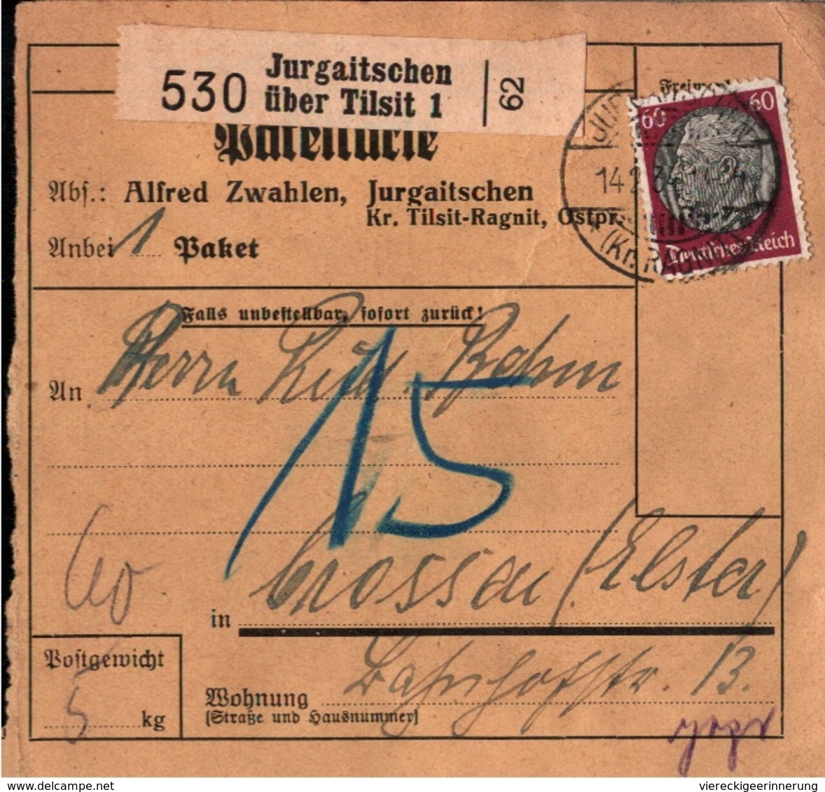 ! 1934 Paketkarte, Deutsches Reich, Jurgaitschen, Kanasch Kreis Tilsit, Ostpreußen - Lettres & Documents