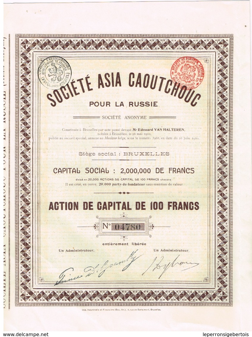 Titre Ancien - Société Asia Caoutchouc Pour La Russie - Titre De 1910 - N° 04780 - Russie