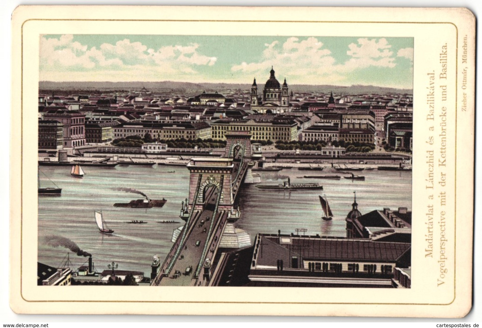 Lithografie Ottmar Zieher, München, Ansicht Budapest, Vogelperspective Mit Der Kettenbrücke Und Basilika - Lieux