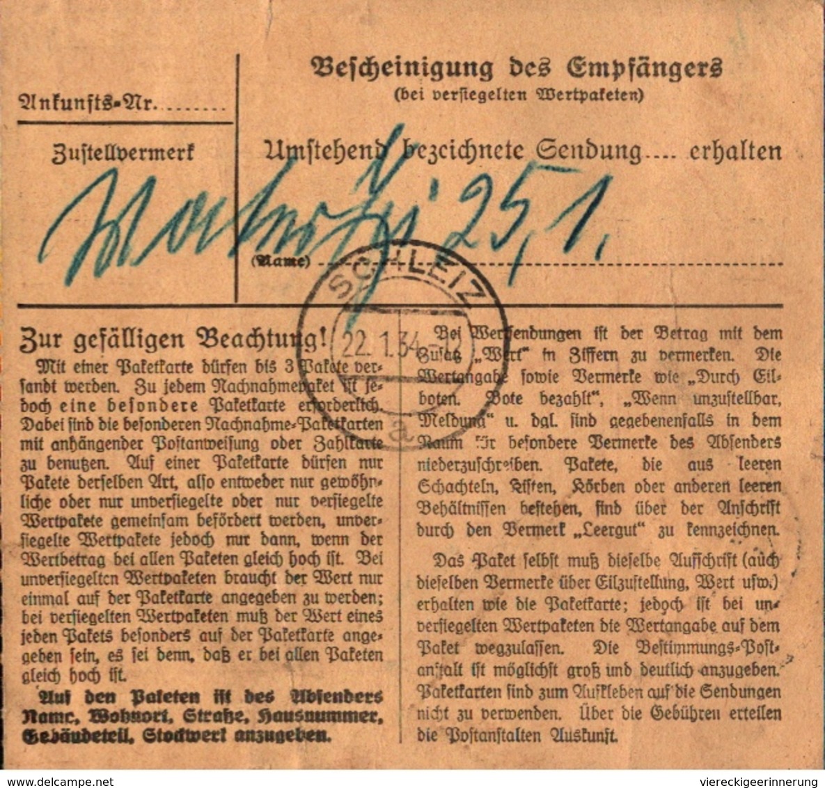 ! 1934 Paketkarte Deutsches Reich Aus Kiel N. Schleiz, Ronneburg, Nachgebühr - Briefe U. Dokumente