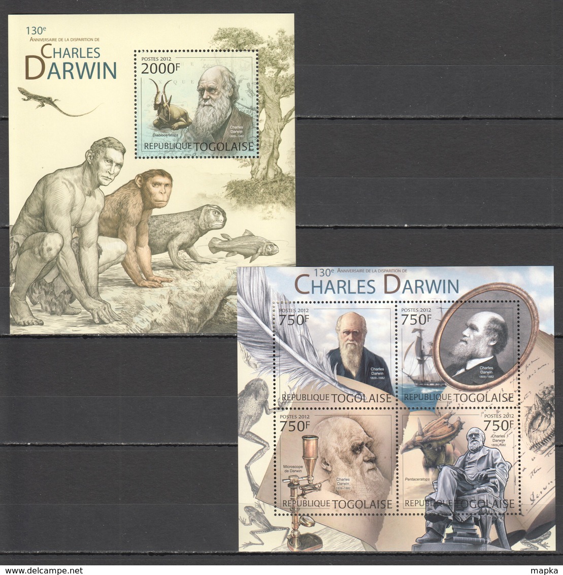 TG823 2012 TOGO TOGOLAISE FAMOUS PEOPLE CHARLES DARWIN 1KB+1BL MNH - Prehistóricos