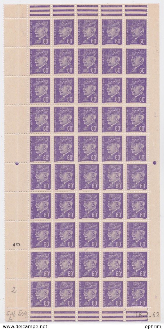 Type Pétain Hourriez Mazelin Bersier Feuille Complète Neuve Lot De 5 Feuilles Complètes De 400 Timbres Timbre Guerre WW2 - Ganze Bögen