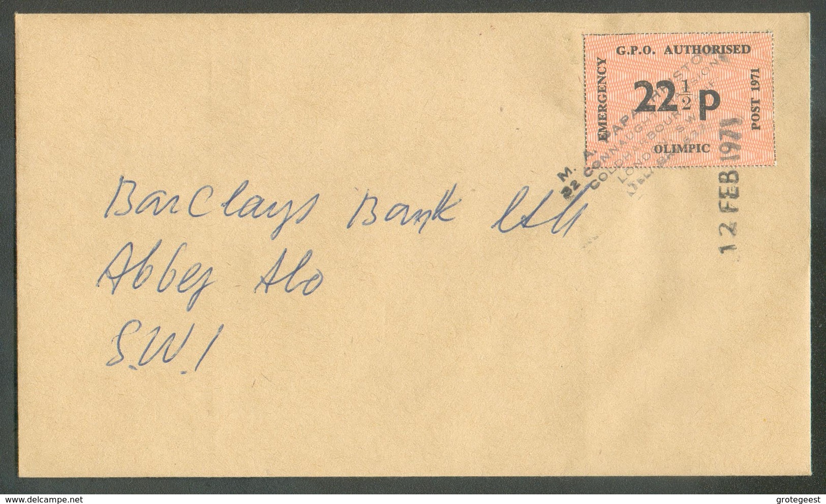 Vignette Anglaise G.P.O. Authorised Emergency OLIMPIC POST 1971 22½p.. Annulé Par La Griffe M/A/ PAPACHISTOU 22 Connaugh - Andere & Zonder Classificatie