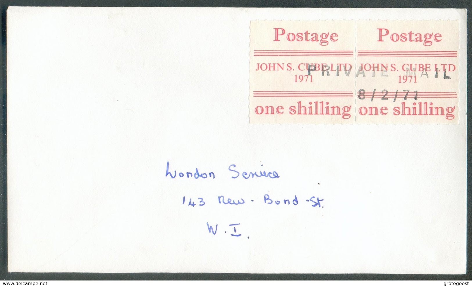 Vignette Anglaise Postage JOHN S. CUBE LTD 1971 One Shilling Annulé Par La Griffe PRIVATE MAIL 8/2/71 On Local Enveloppe - Sonstige & Ohne Zuordnung