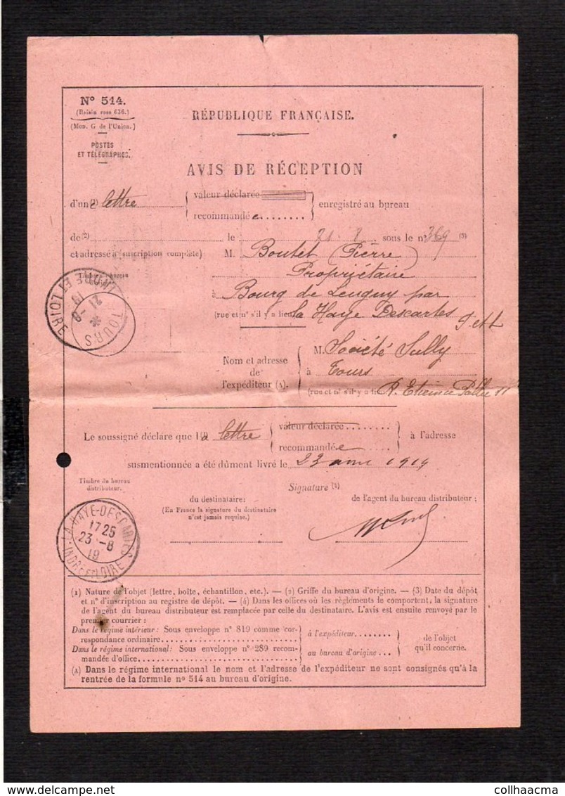 1919 Sur Avis De Réception Lettre D'Indre Loire / Cachet Manuel A4 étoile (R) Tours  Sur Semeuse Pour La Haye Descartes - Handstempel