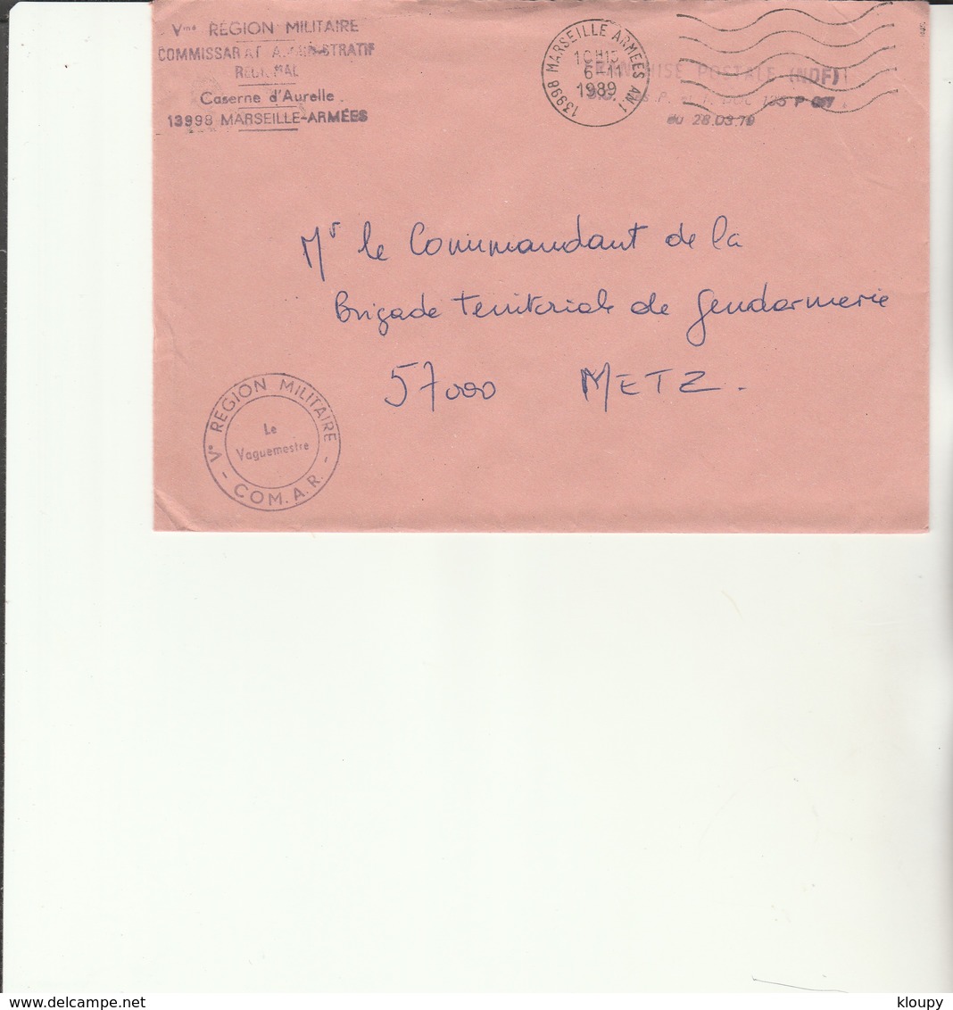 H 4 - Enveloppe  Commissariat Administratif Vaguemestre  COMAR  - MARSEILLE ARMEES AN 1 - Cachets Militaires A Partir De 1900 (hors Guerres)