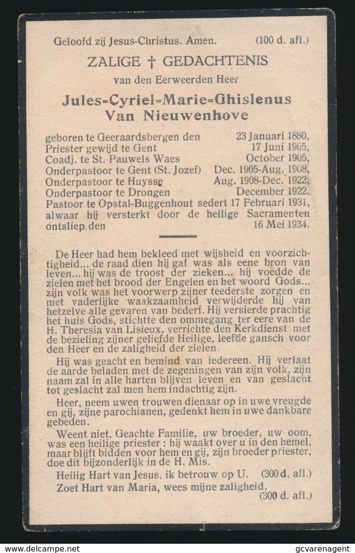 PASTOOR OPSTAL BUGGENHOUT - JULES VAN NIEUWENHOVE - GERAARDSBERGEN 1880 - OPSTAL BUGGENHOUT 1934 - Overlijden