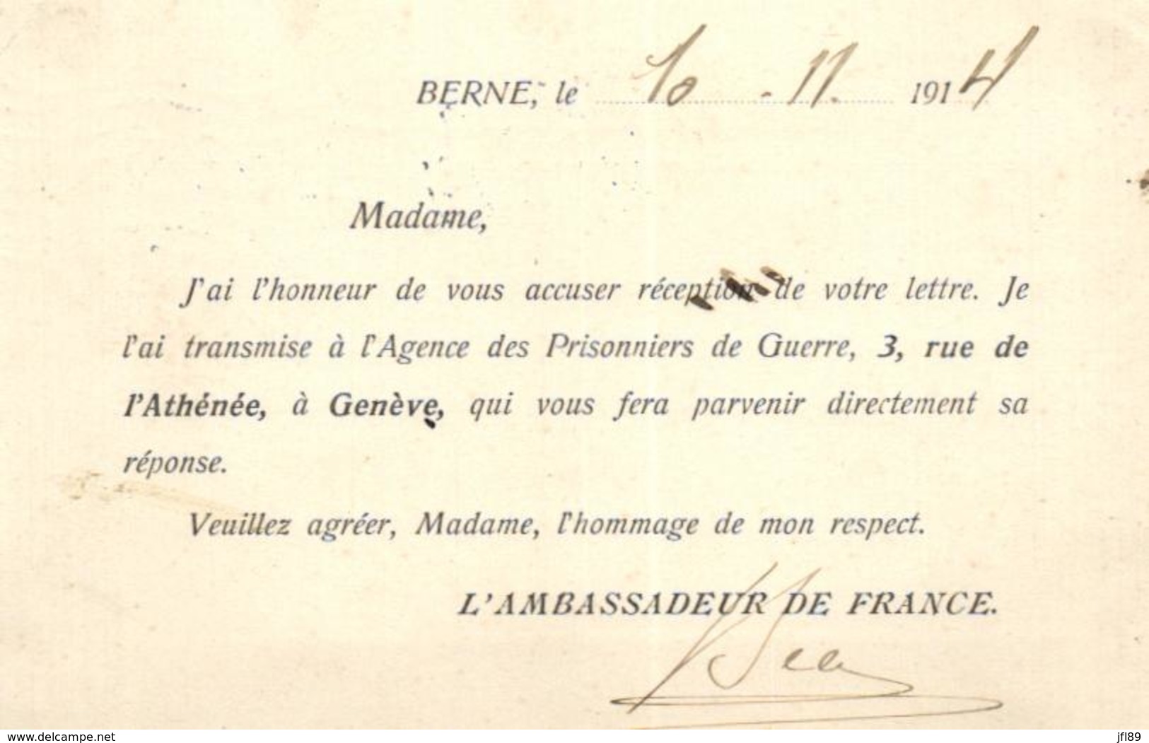 D 1678 - Carte Postale  Militaire  Ambassade De France  à Berne  Service Des Prisonniers De Guerre - Lettres & Documents