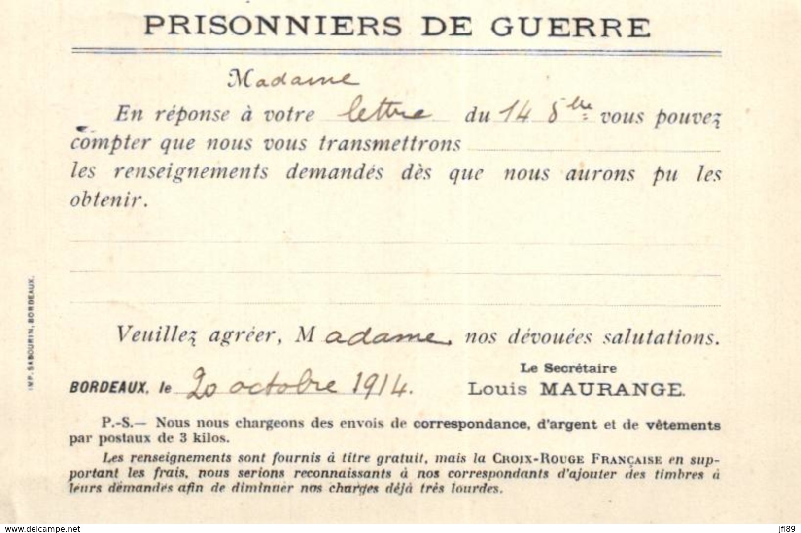 D 1680 - Carte Postale  Militaire  Croix Rouge   Agence Des Prisonniers De Guerre A Bordeaux (33) - Croix Rouge