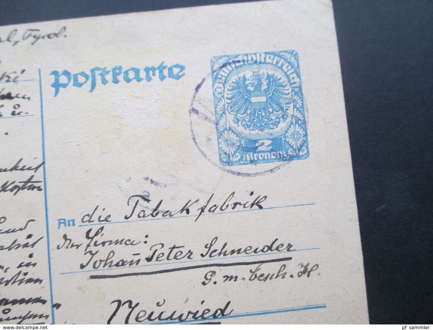 Österreich 1922 Nach Neuwied Bestellung Von Pfeifentabek Mit Schutzmarke Joh. Peter Schneider ISP - Covers & Documents