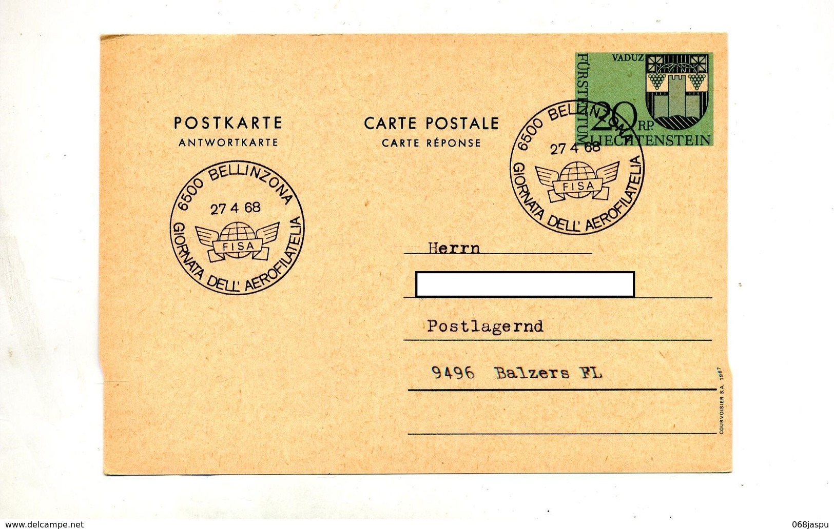 Carte Postale 20 Armoirie Cachet Bellinzona Journee Fisa - Entiers Postaux