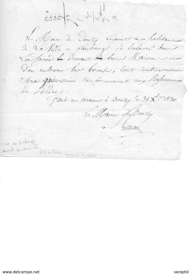 ARRETE DU MAIRE DE DONZY -SAONE ET LOIRE -1830- OBLIGATION DE BALAYER LE SOIR DEVANT SON DOMICILE- - Decretos & Leyes