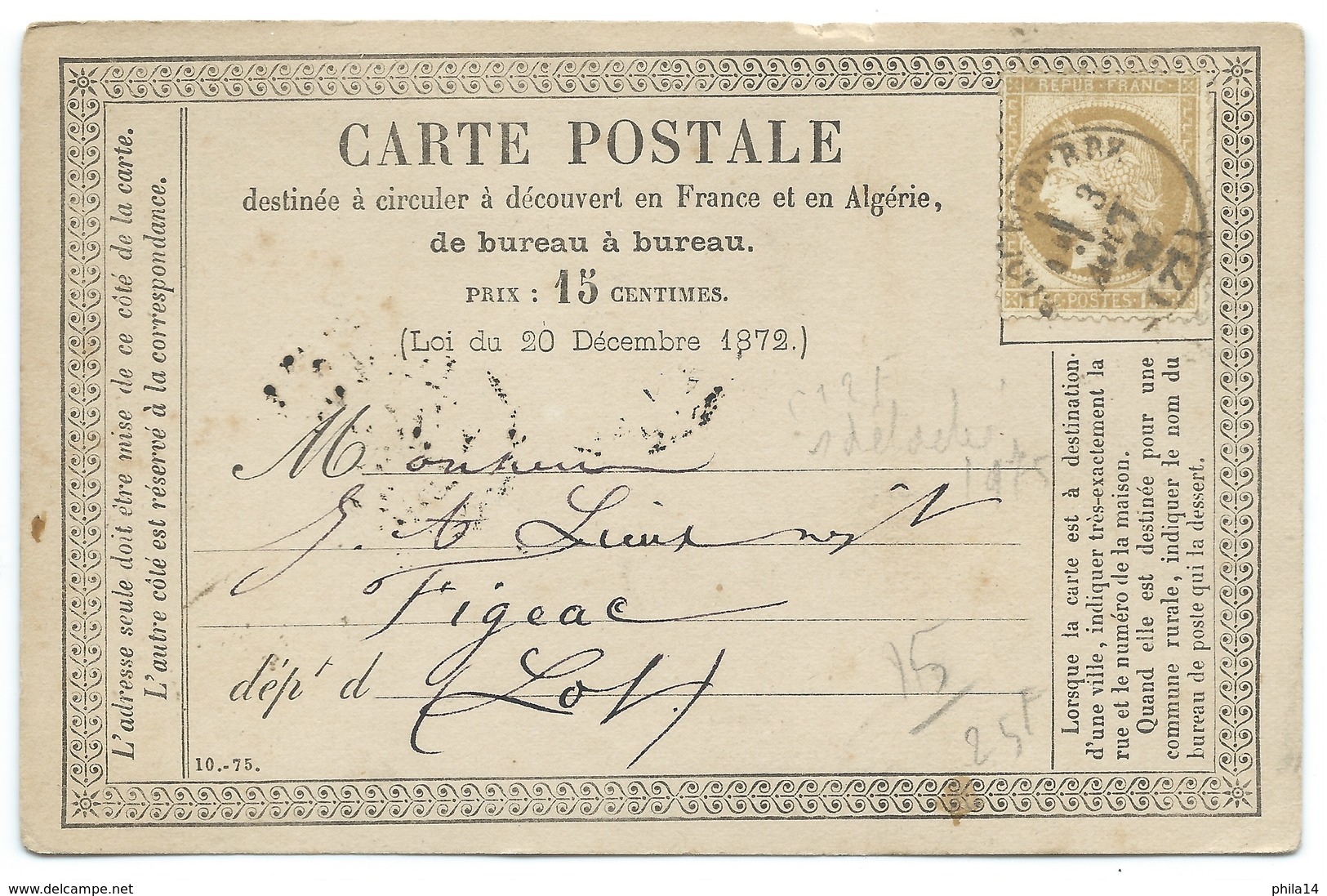 N° 55 CERES SUR CARTE POSTALE / ROQUECOURBE TARN POUR FIGEAC 1876 - 1849-1876: Classic Period