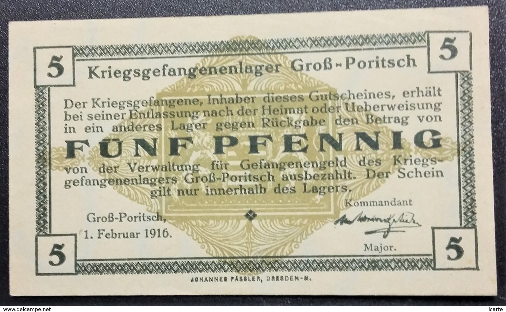 Billet 5 Pfennig LAGERGELD MONNAIE DE CAMP PRISONNIER DE GUERRE Kriegsgefangenenlager GROSS-PORITSCH Porajów POLOGNE - Autres & Non Classés