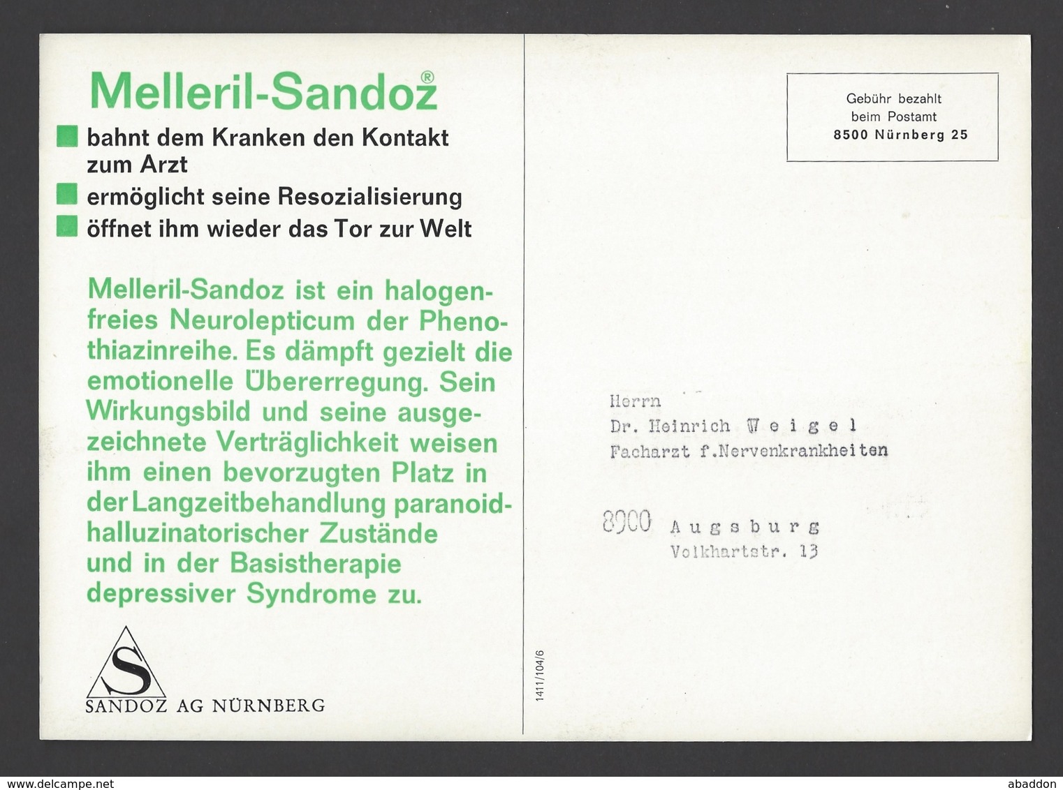 BRD - Gebühr Bezahlt Beim Postamt Nürnberg Auf Großkarte Sandoz AG - Melleril-Sandoz Ca. Um 1960 - Pharmazie