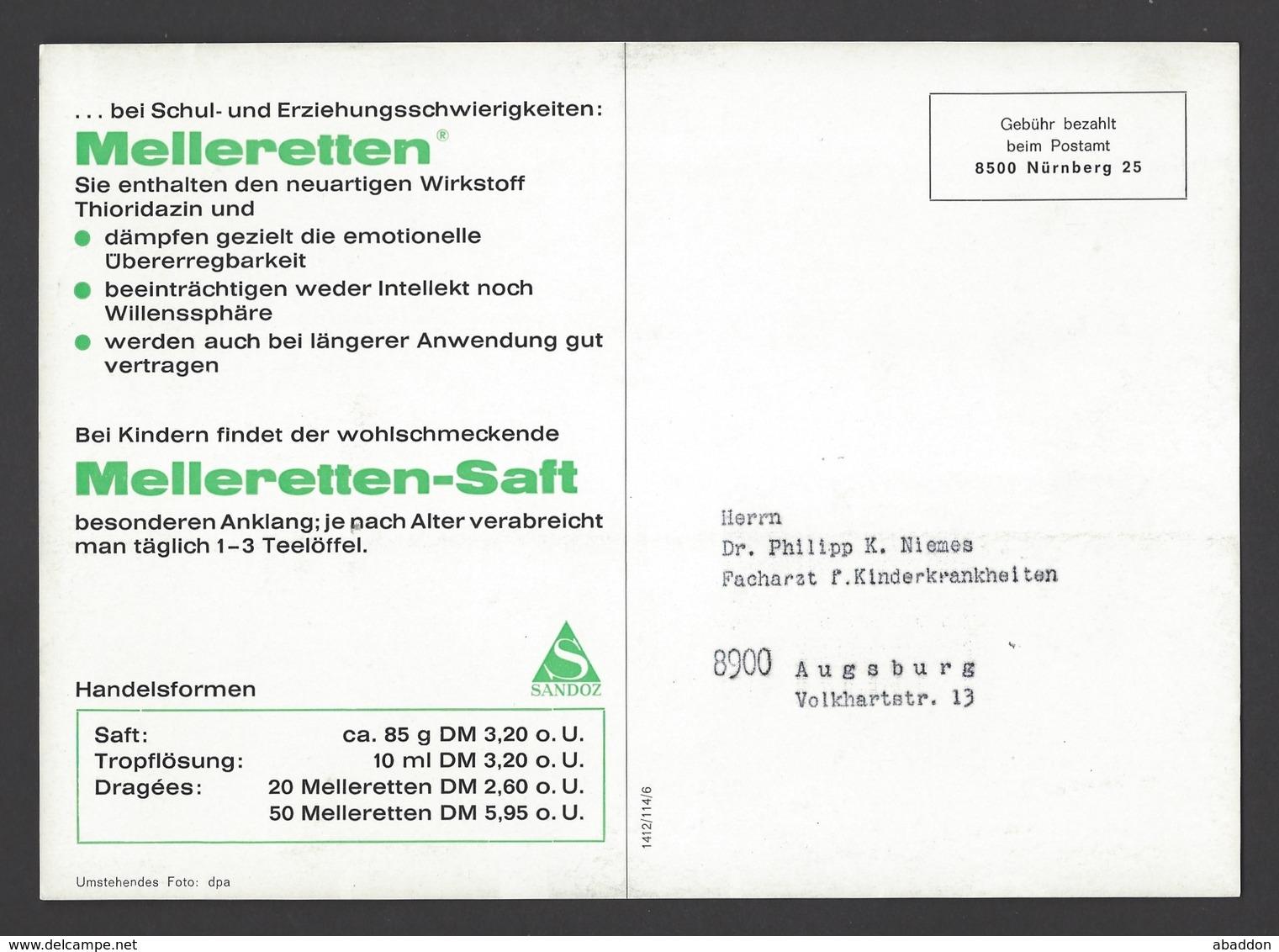 BRD - Gebühr Bezahlt Beim Postamt Nürnberg Auf Großkarte Sandoz AG - Melleretten Ca. Um 1960 - Pharmazie