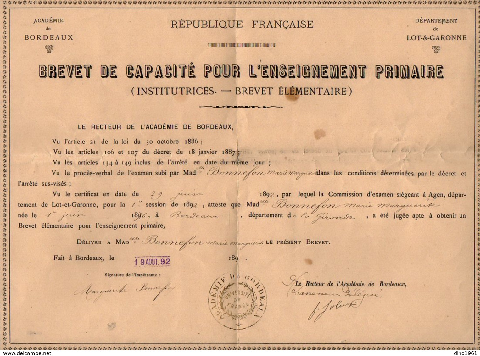 VP16.511 - Académie De BORDEAUX 1892 - Brevet De Capacité Pour L'Enseignement Primaire - Melle Marie Marguerite BONNEFON - Diplomi E Pagelle