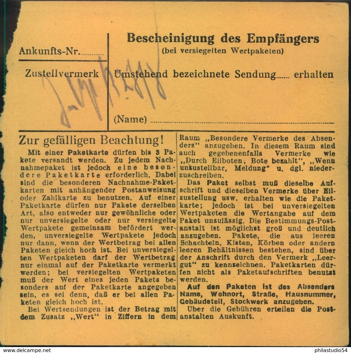 1944, Paketkartenstammteil Ab TREUBURG  (OSTPREUSSEN) Für Ein Wertpaket Mit 2 M Und 5 Pfg. Hitler - Autres & Non Classés