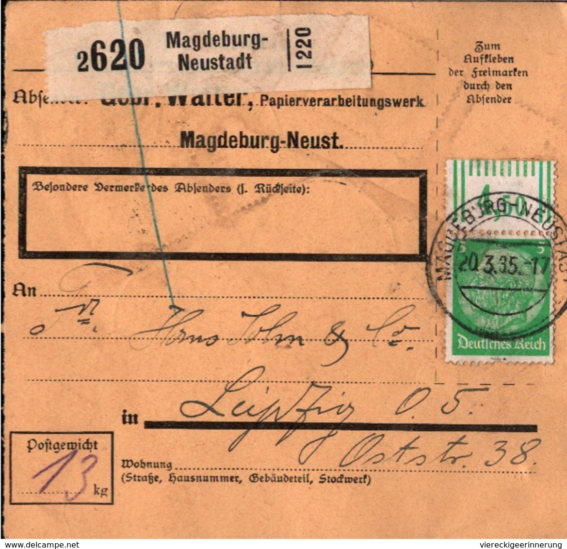 ! 1935 Paketkarte Deutsches Reich, Magdeburg Neustadt , Bogenrandstück - Briefe U. Dokumente