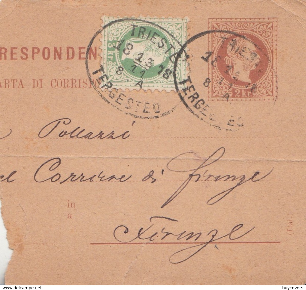 490 - Intero Postale Da 2 Kr.  (parte) Del 1878 Da Trieste Per Firenze Con Aggiunta Di 3 Kr. Verde - Incoming Mail - - Entiers Postaux