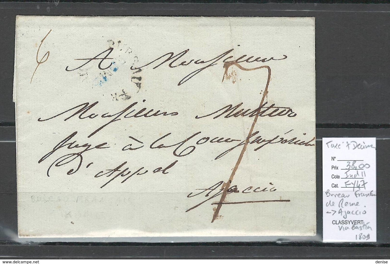 France - Lettre Bureau Francais De  Rome Pour Ajaccio Via Bastia Corse - 1809 - Poste Maritime