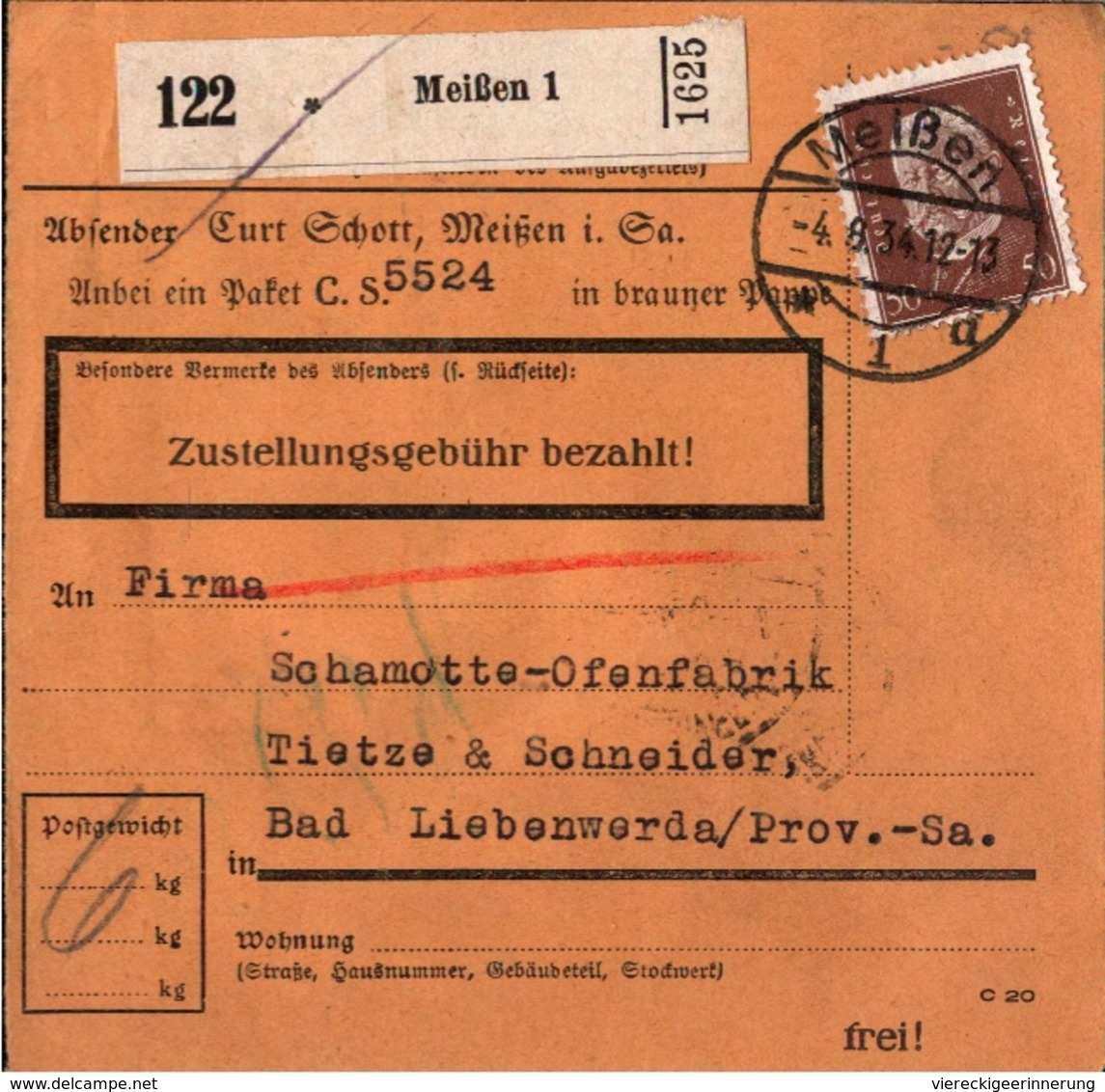 ! 1934 Paketkarte Deutsches Reich, Meißen Nach Bad Liebenwerda, Einzelfrankatur 50 Pfg. Hindenburg - Brieven En Documenten