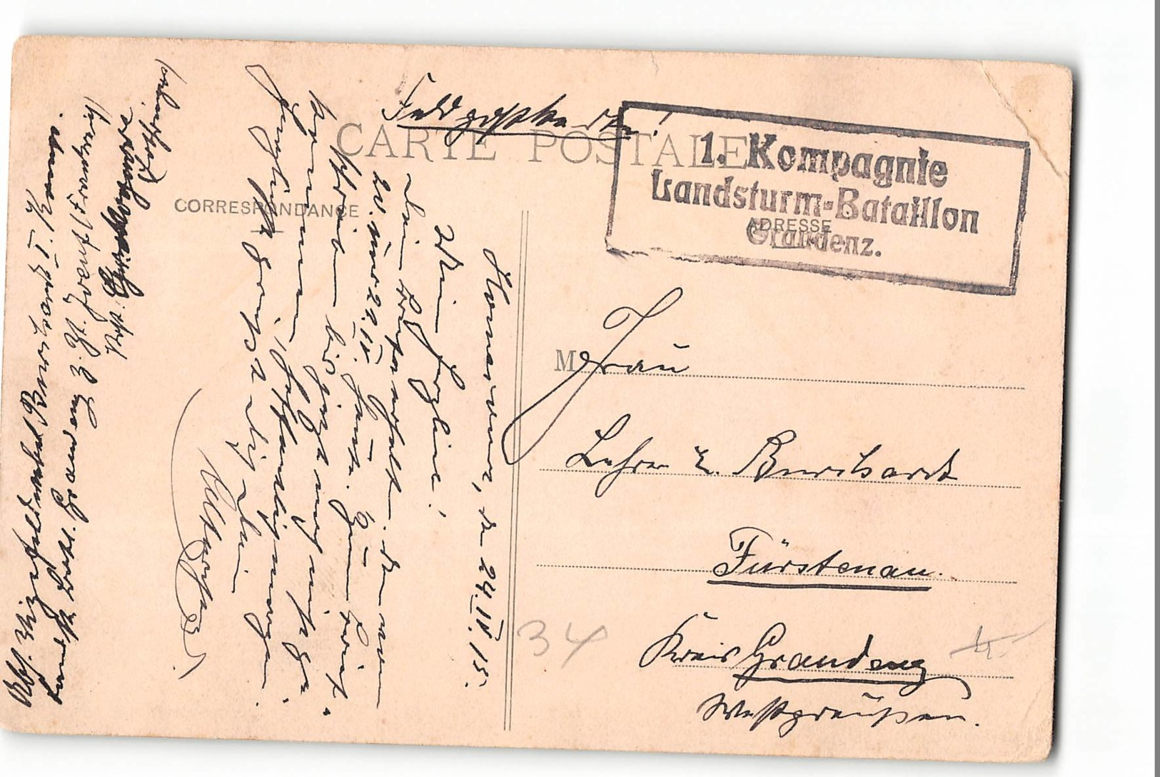 12384 01  HOMECOURT -FELDPOST - 1 KOMPAGNIE LANDSTURM-BATTALION GRUDENZ - Storia Postale