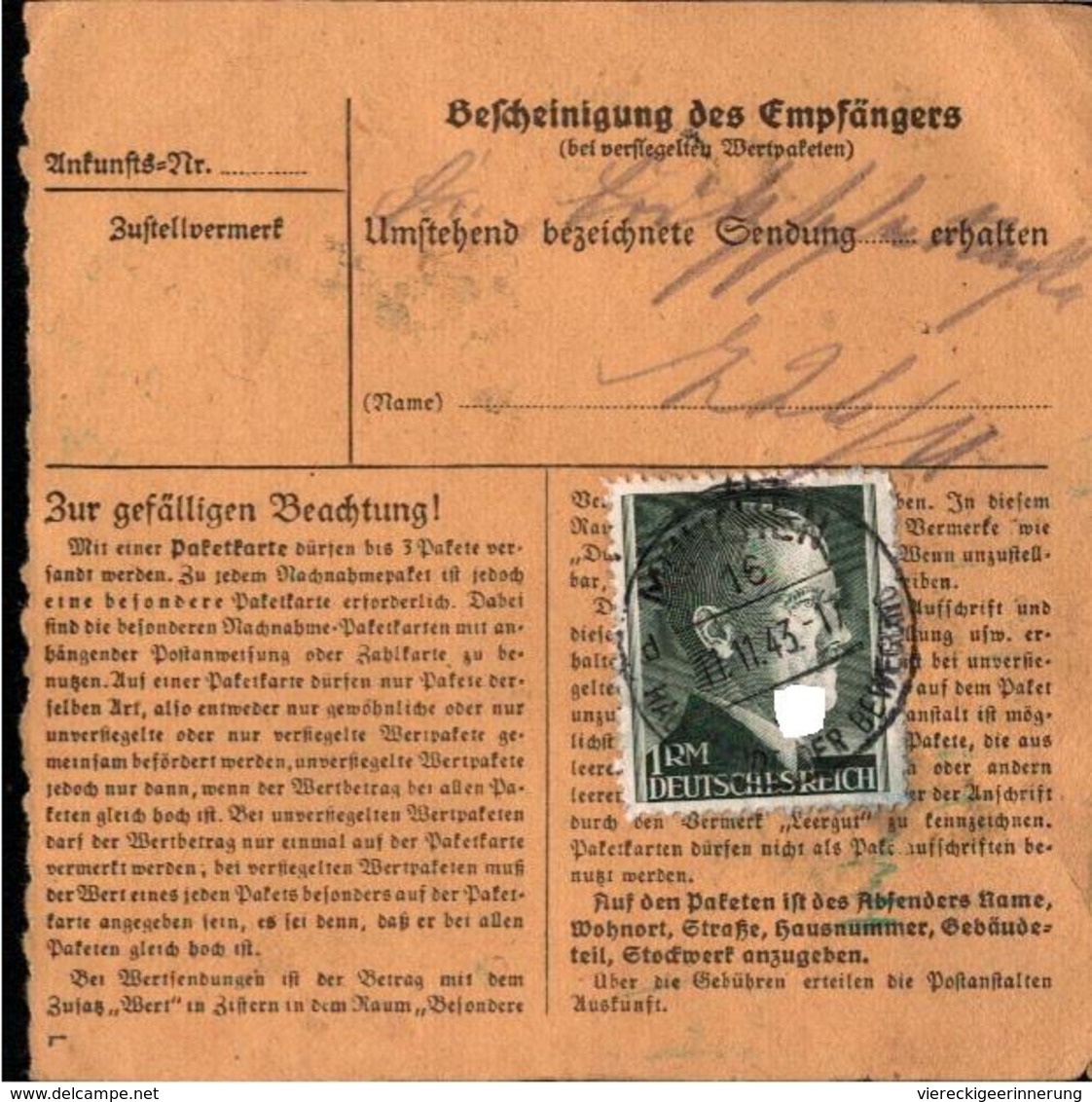 ! 1943 Paketkarte Deutsches Reich, München 16 - Briefe U. Dokumente