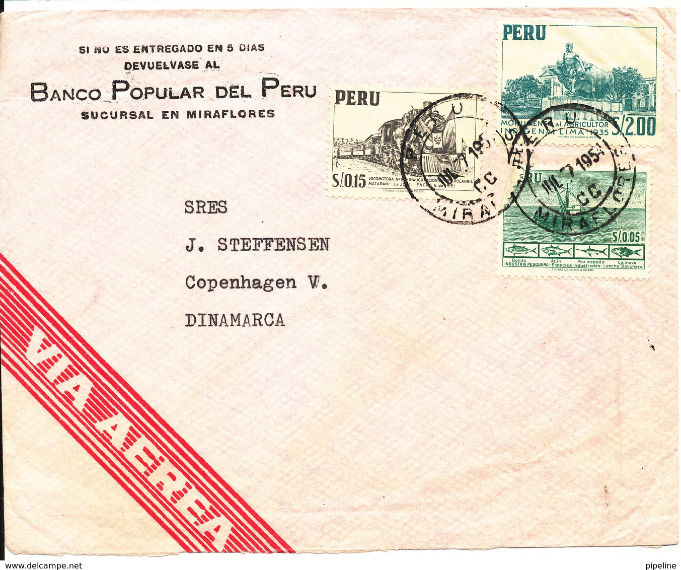 Peru Air Mail Cover Sent To Denmark 7-7-1954 - Peru