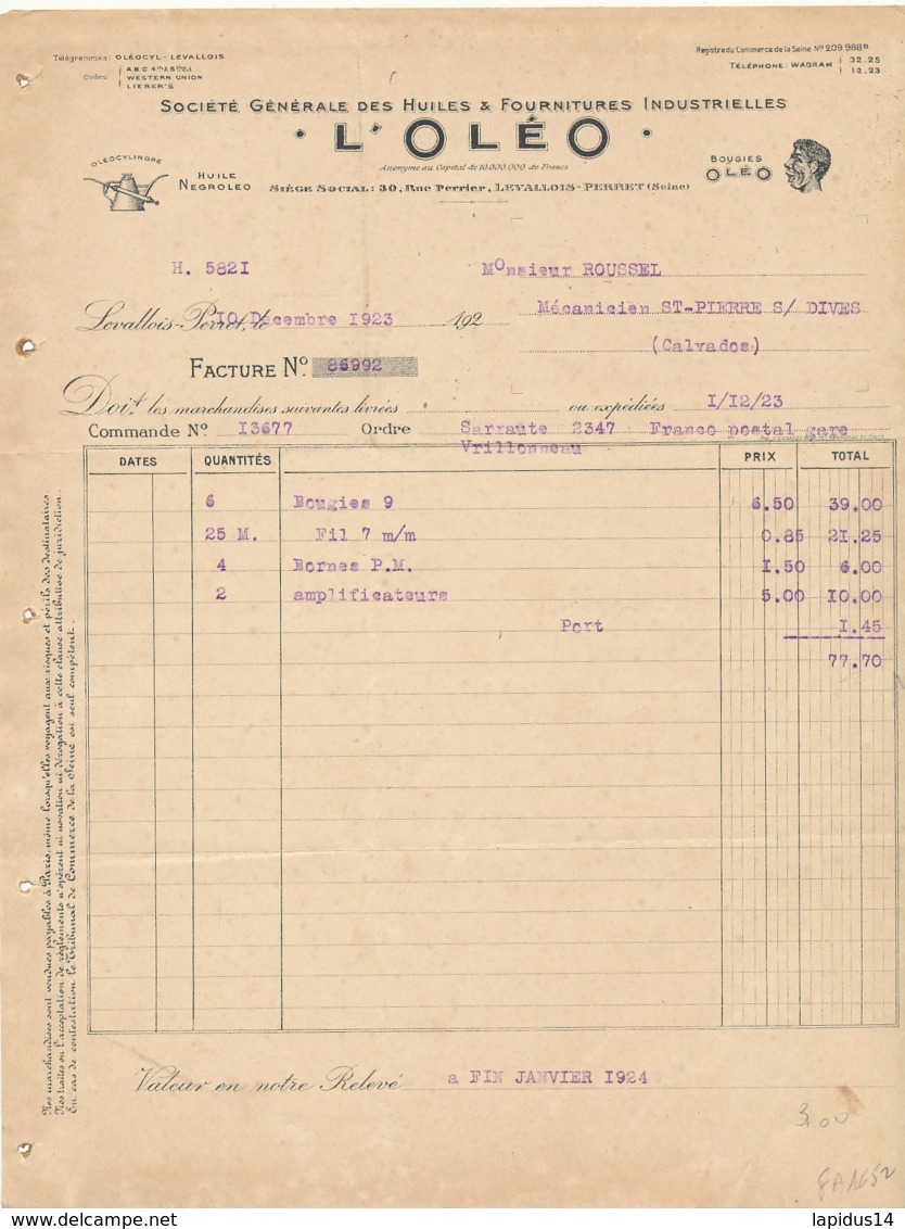 FA 1652- FACTURE    HUILES & FOURNITURES INDUSTRIELLES L'OLEO   LEVALLOIS PERRET   1923 - Automobilismo