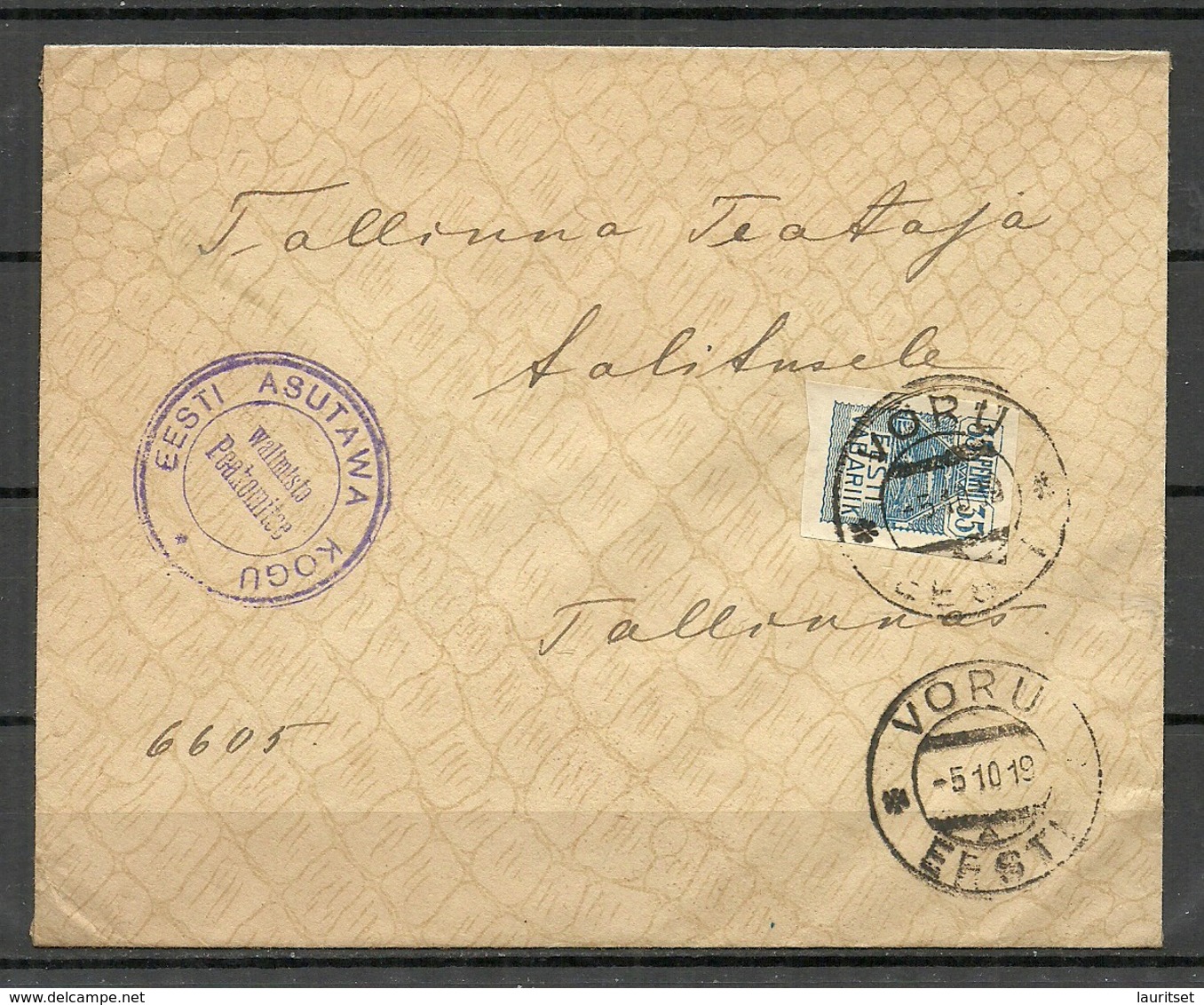 Estland Estonia 1919 Cover O Võru Michel 10 As Single + Eesti Asutava Kogu Valimiste Komitee Cancel - Estonia