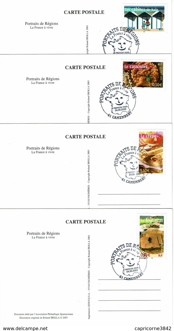 2003 - 4 Cartes - Portraits De Régions - La France à Vivre - Obl. Camenbert - 2000-2009