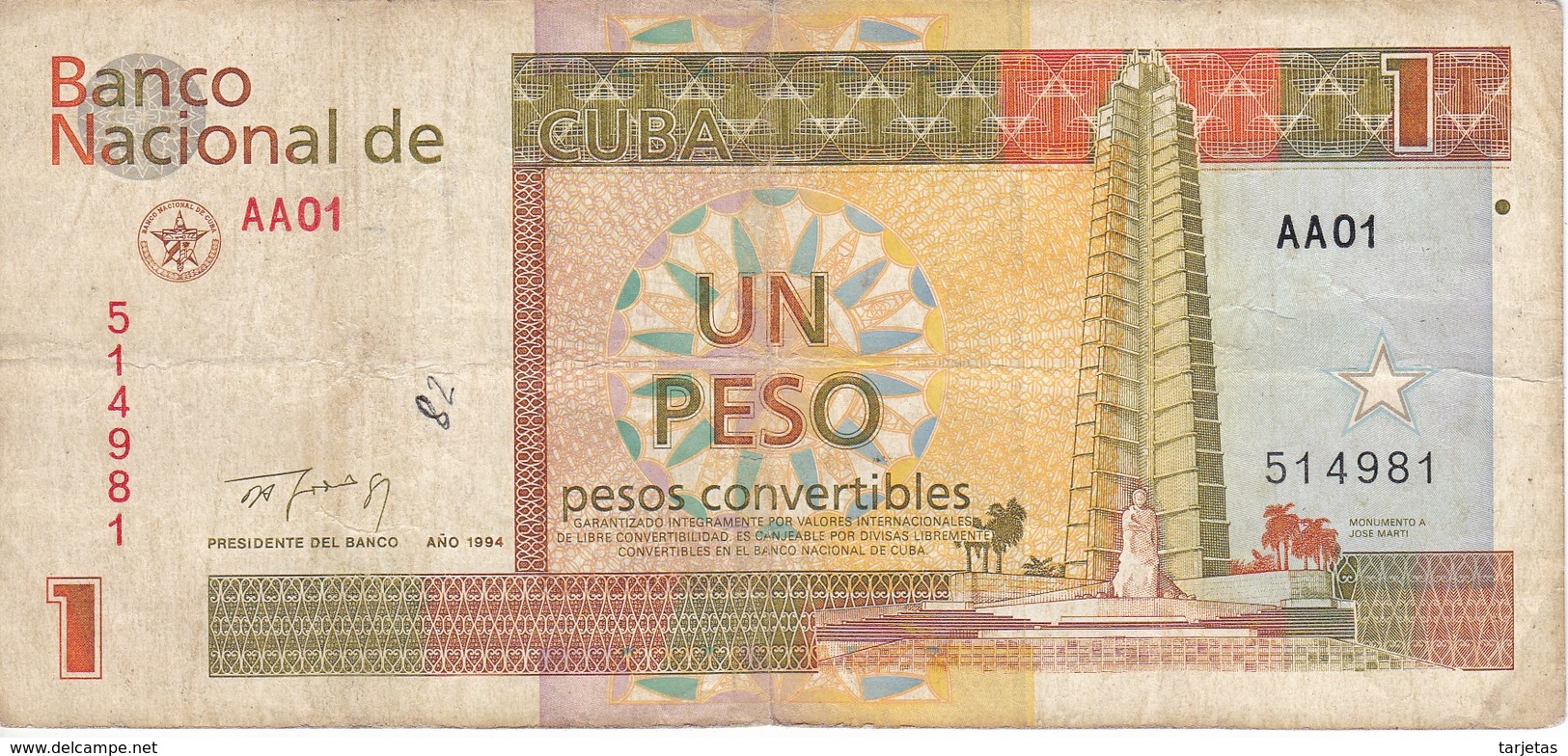 BILLETE DE CUBA DE 1 PESO CONVERTIBLE DEL AÑO 1994  (BANKNOTE) - Cuba