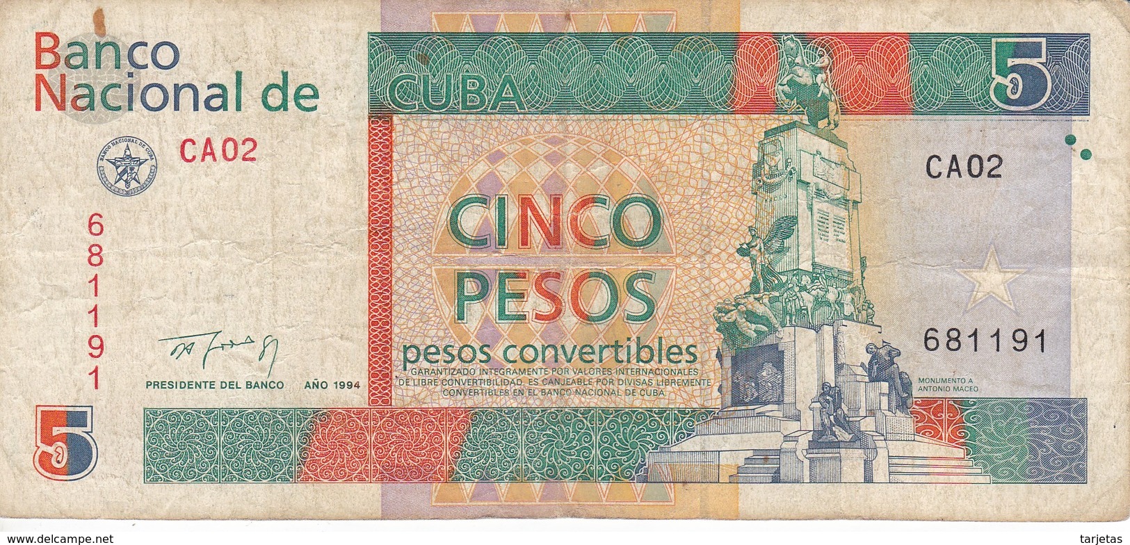 BILLETE DE CUBA DE 5 PESOS CONVERTIBLE DEL AÑO 1994 (BANKNOTE) - Cuba