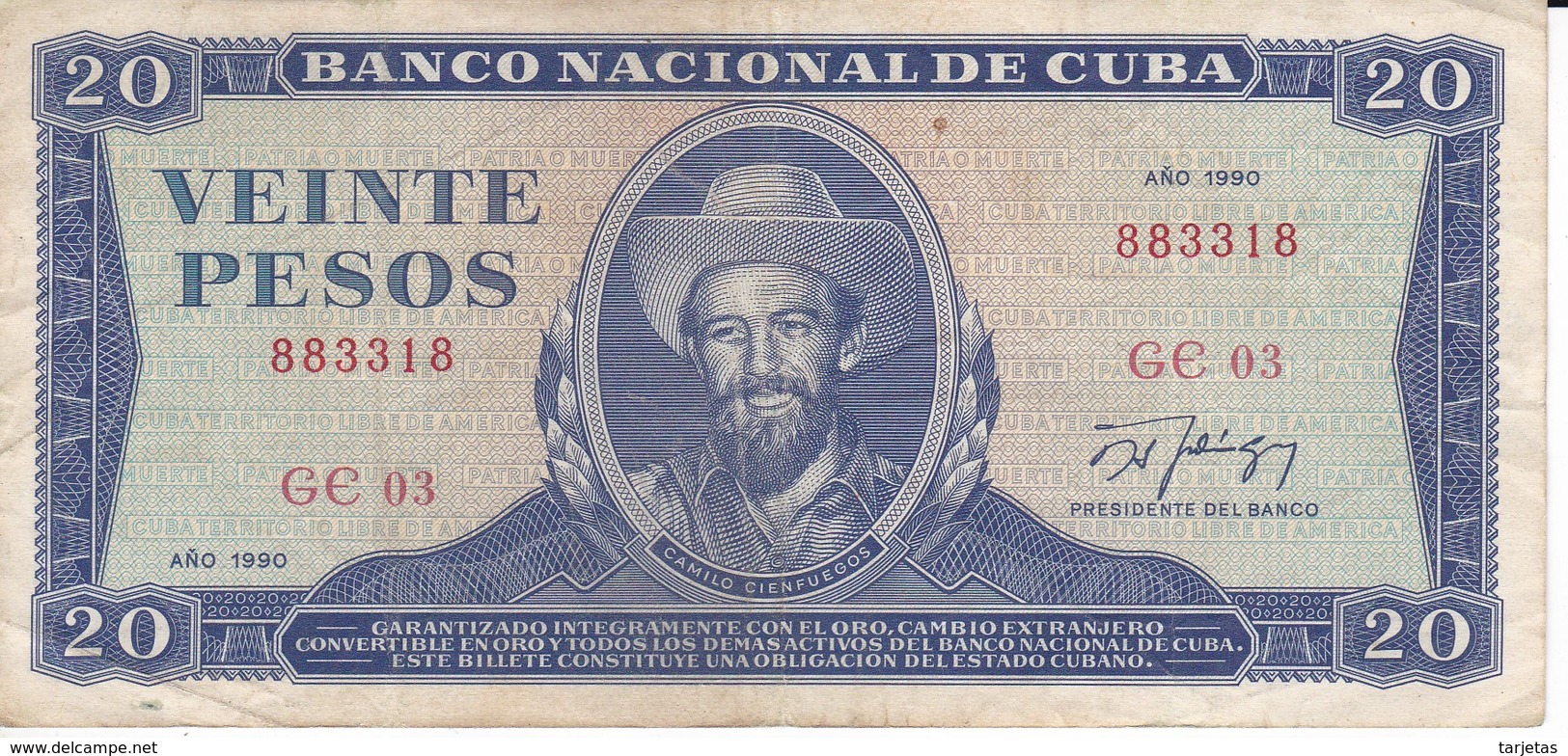 BILLETE DE CUBA DE 20 PESOS DEL AÑO 1990   (BANK NOTE)  CAMILO CIENFUEGOS - Cuba