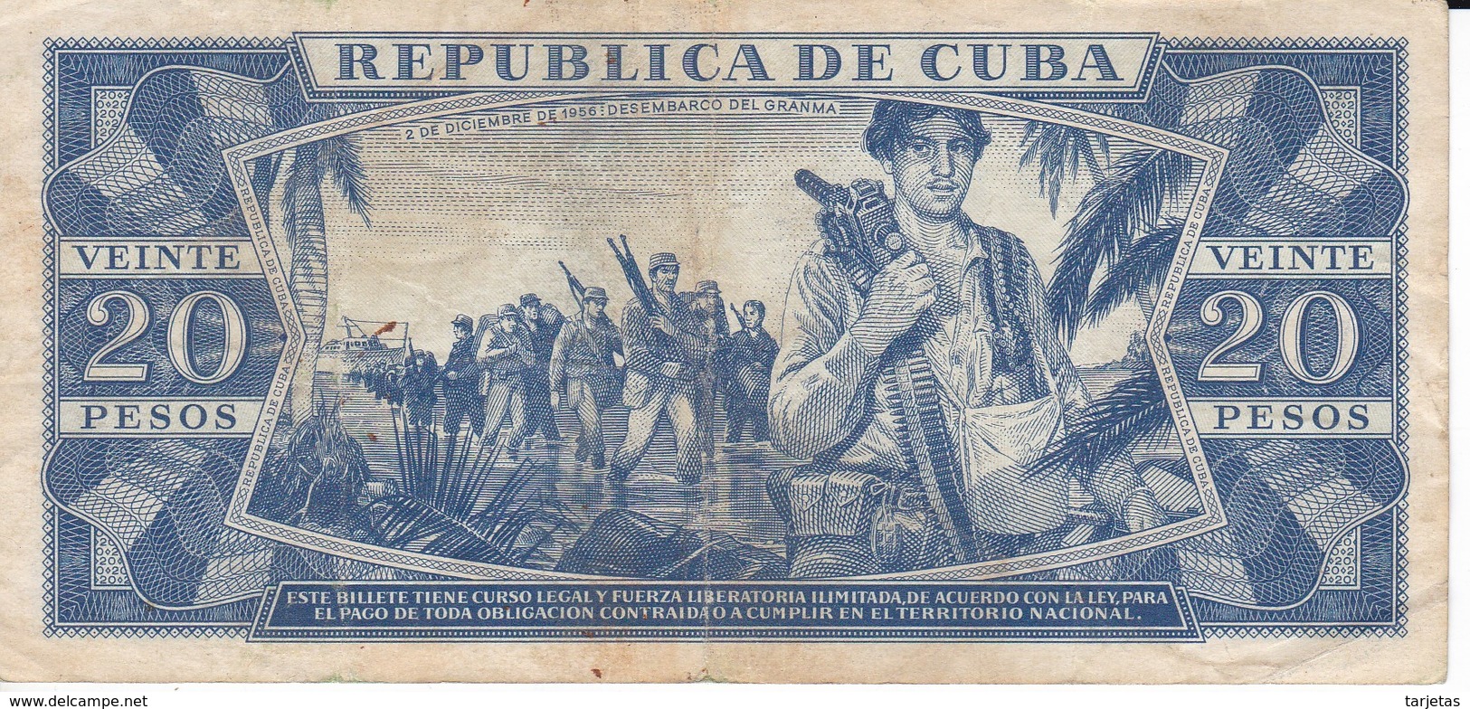 BILLETE DE CUBA DE 20 PESOS DEL AÑO 1990   (BANK NOTE)  CAMILO CIENFUEGOS - Cuba