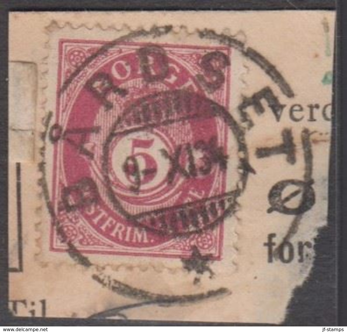 1922. Posthorn. 5 øre Brown Lilac. LUXUS BÅRDSET 9.XI.34. (Michel 96b) - JF318054 - Used Stamps