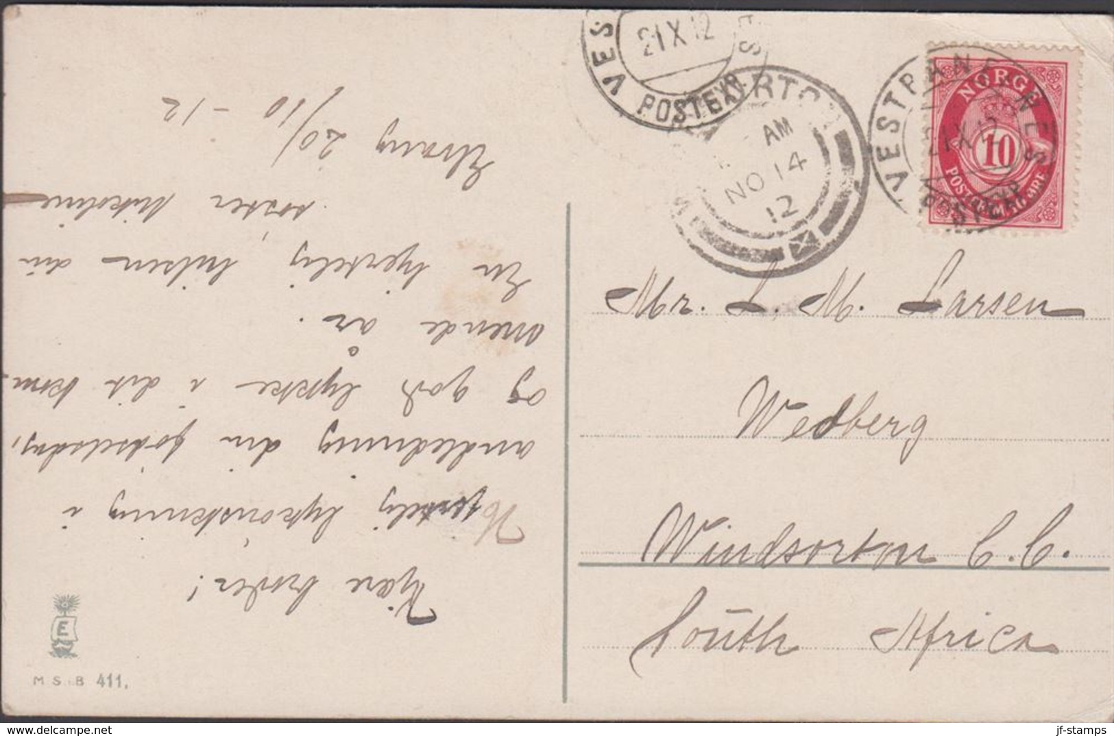 1912. VESTBANERNES POSTEXP. 21 X 12. 10 ØRE Posthorn To Wedburg, Windsorton, South Af... (MICHEL 79) - JF309962 - Brieven En Documenten