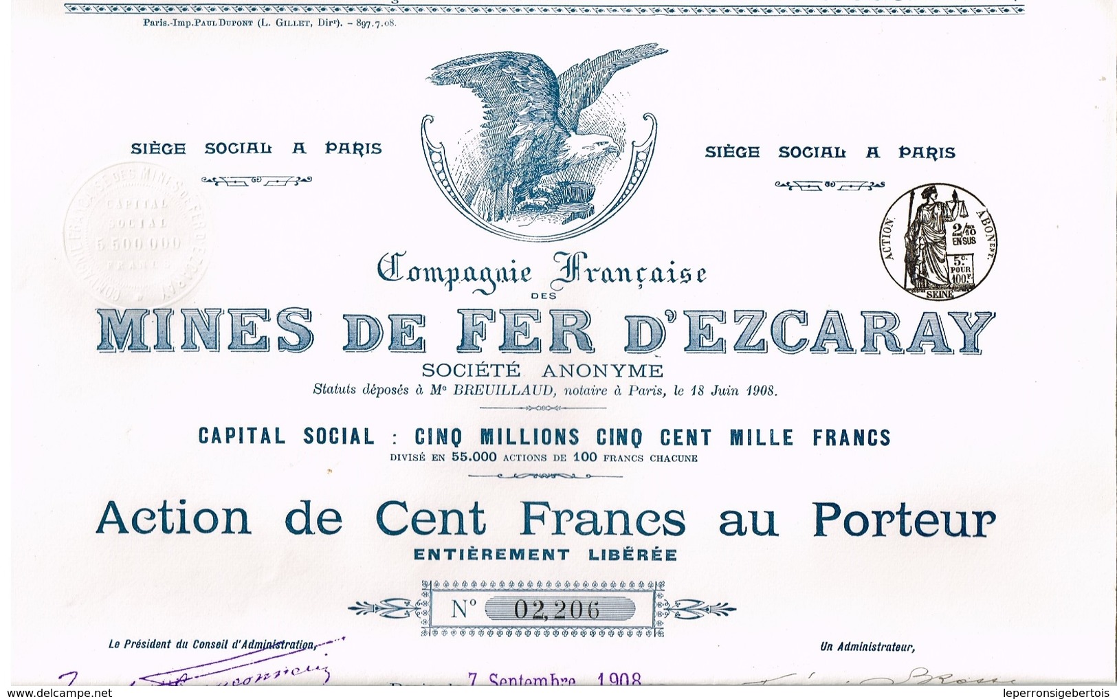 Titre Ancien - Compagnie Française Des Mines De Fer D'Escaray - Titre De 1908 - Mines