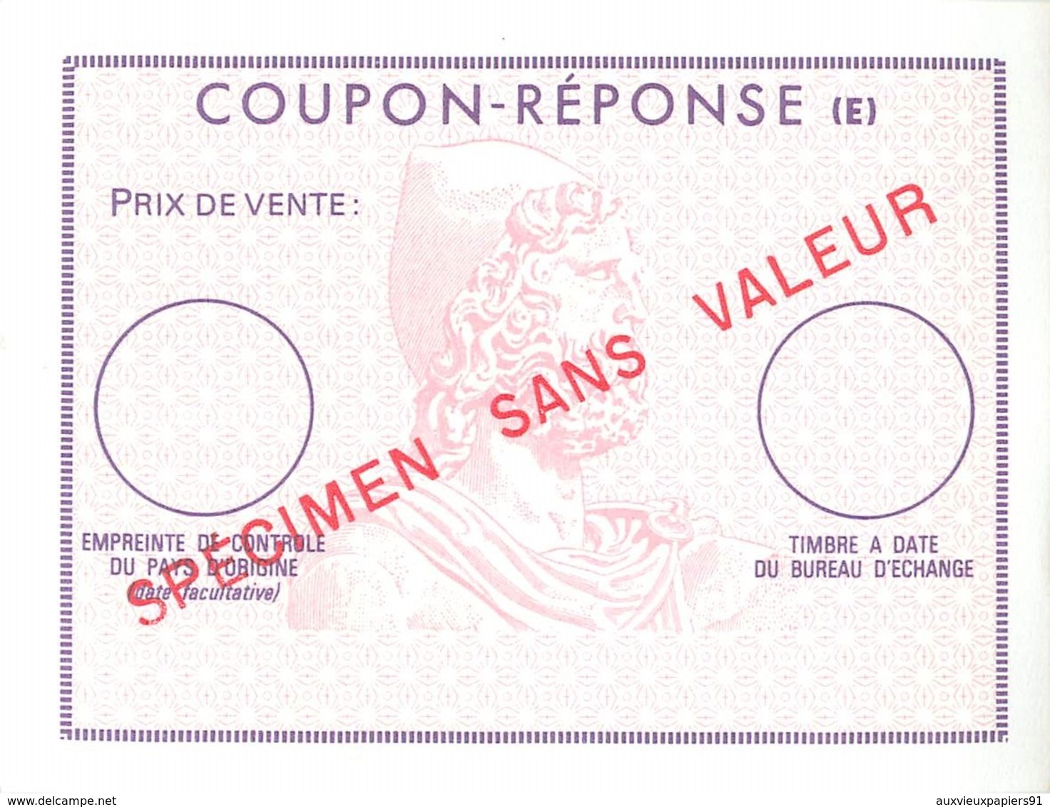 SPECIMEN Sans Valeur - Poste - Coupon-réponse International Type E - Documents De La Poste