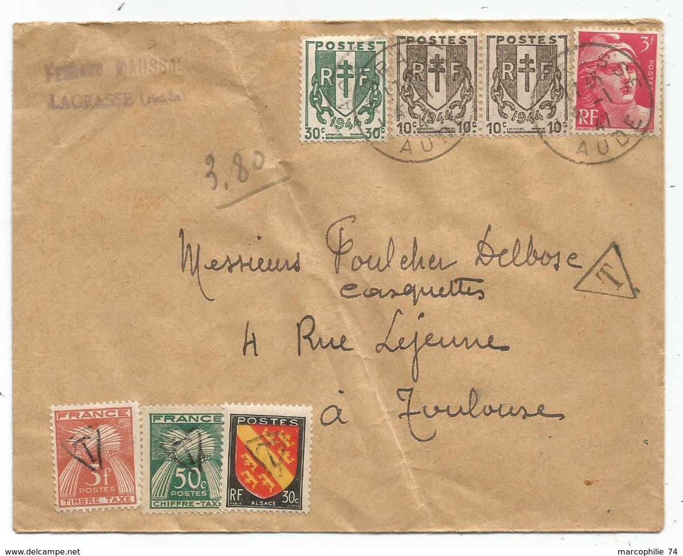 GANDON 3FR+ CHAINE10CX2+30X LAGRASSE AUDE 4.1.1947 POUR TOULOUSE TAXE 3FR+50C+ BLASON 30C UTILISATION TAXE RARE - 1945-54 Marianna Di Gandon