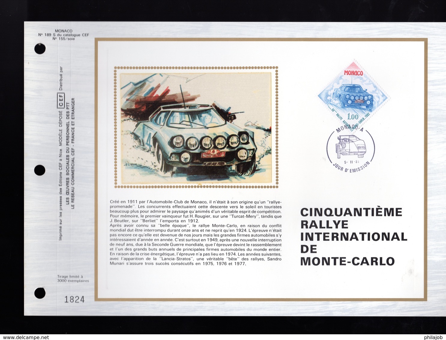 " 50° RALLYE INTERNATIONAL DE MONTE-CARLO " Sur Feuillet CEF Soie Nté (3000 Ex.). Parfait état. FDC - Automobilismo