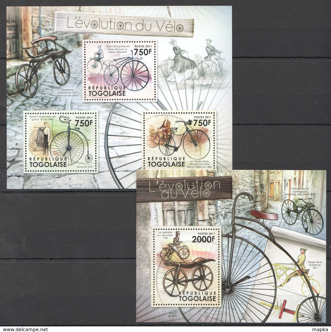 TG1037 2011 TOGO TOGOLAISE HISTORY OF BICYCLE L'EVOLUTION DU VELO 1KB+1BL MNH - Vélo