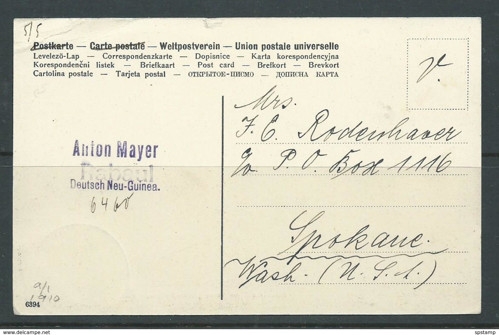 New Guinea German 1910 PPC Simpsonhafen To Spokane USA 5pf Green Yacht Franking - Nouvelle-Guinée