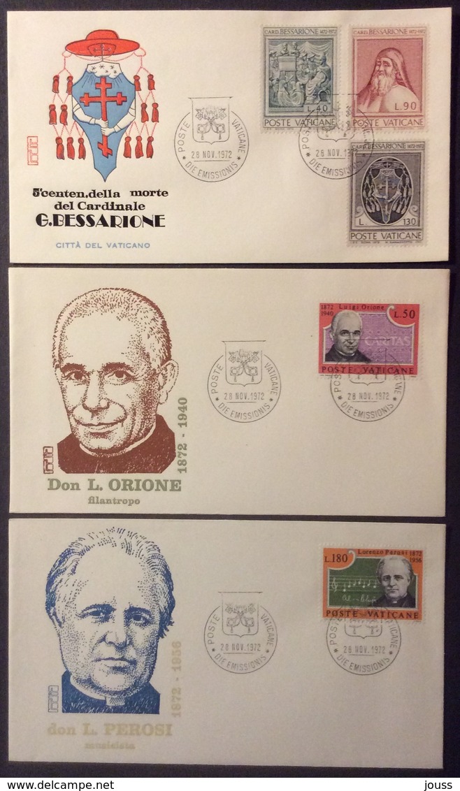 Va11 Bessarione Orione Perosi 28/11/1972 FDC Premier Jour Primo Giorno Vaticano Lot 3 Lettre - FDC