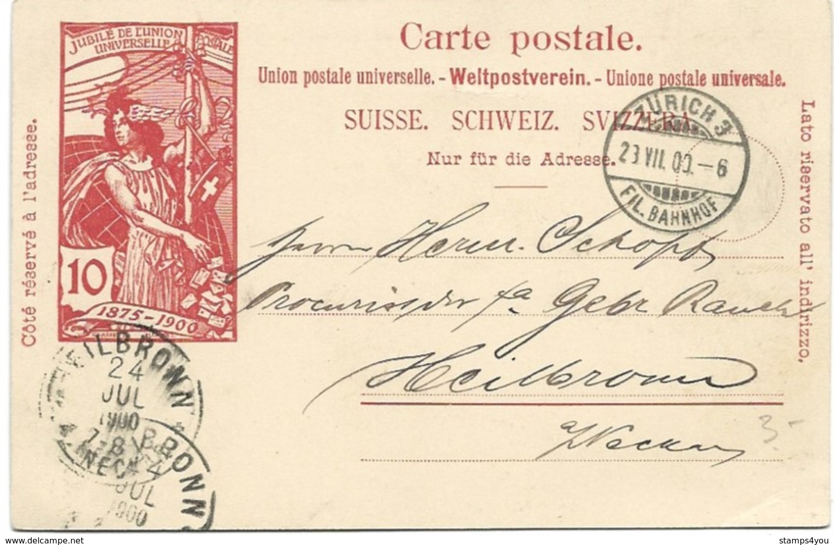 240 - 73- Entier Postal UPU Envoyé De Zürich En Allemagne 1900 - Stamped Stationery