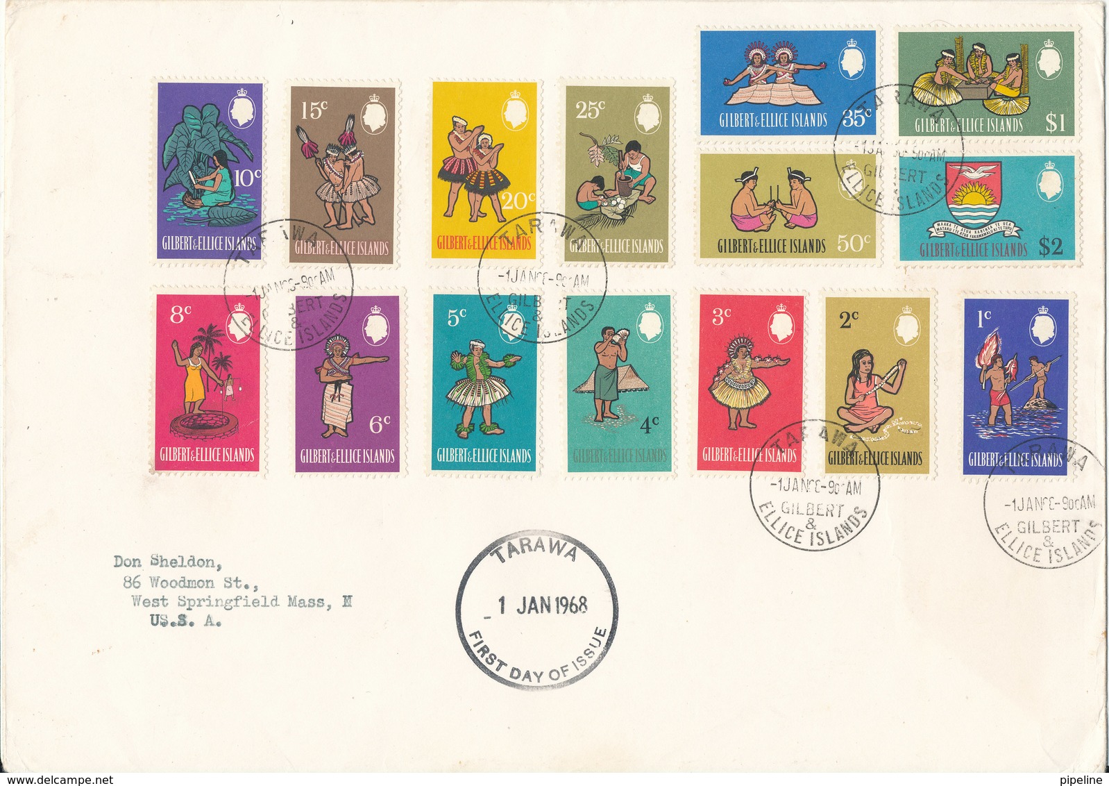 Gilbert Ellice Islands FDC 1-1-1968 Definitives Complete Set Of 15 Stamps Sent To USA - Gilbert & Ellice Islands (...-1979)