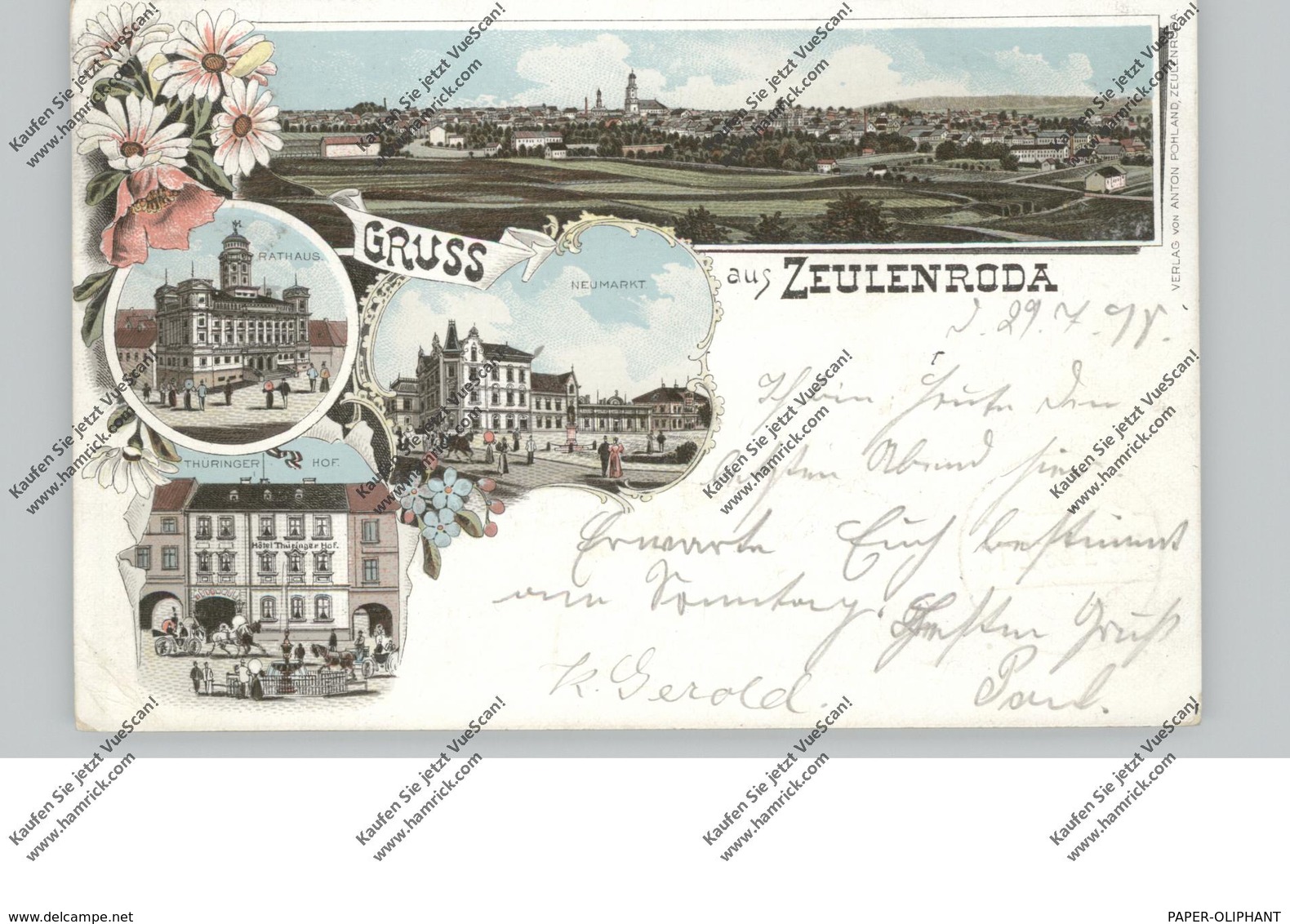 0-6570 ZEULENRODA, Lithographie 1898, Hotel Thüringer Hof, Neumarkt, Rathaus, Gesamtansicht - Zeulenroda